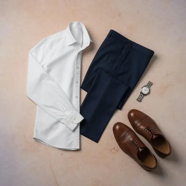 Workday outfit flat lay with a white shirt, navy trousers, brown shoes, and a watch