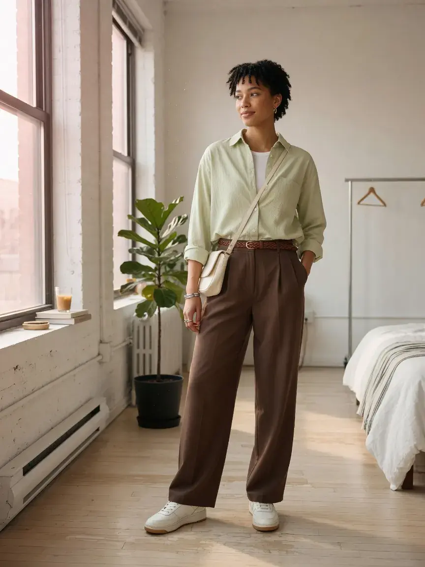 Studio-style full-length portrait in a green shirt and brown trousers