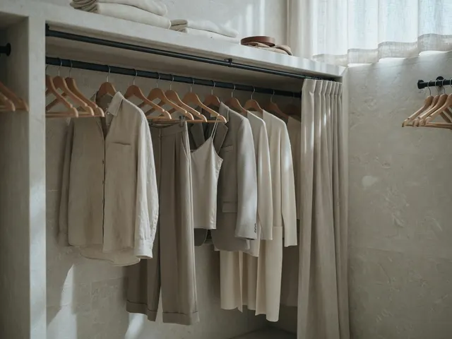 Neutral clothes arranged on a wardrobe rail